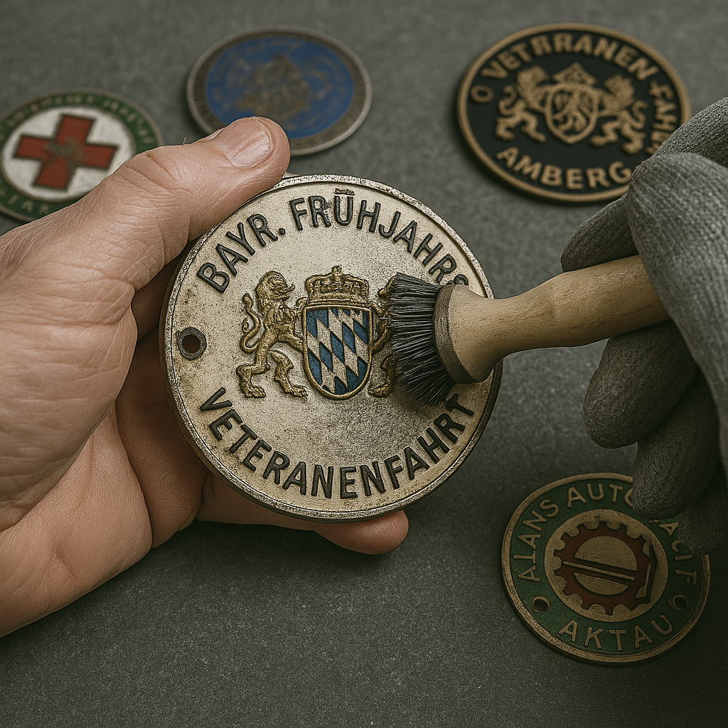 Restauration von alten Autoplaketten eines Autortreffs